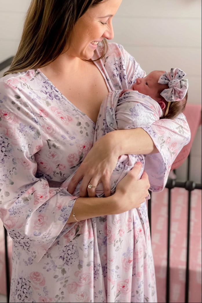 Mommy and me matching maternity robe and baby knot gown in the Henlee Hydrangea print