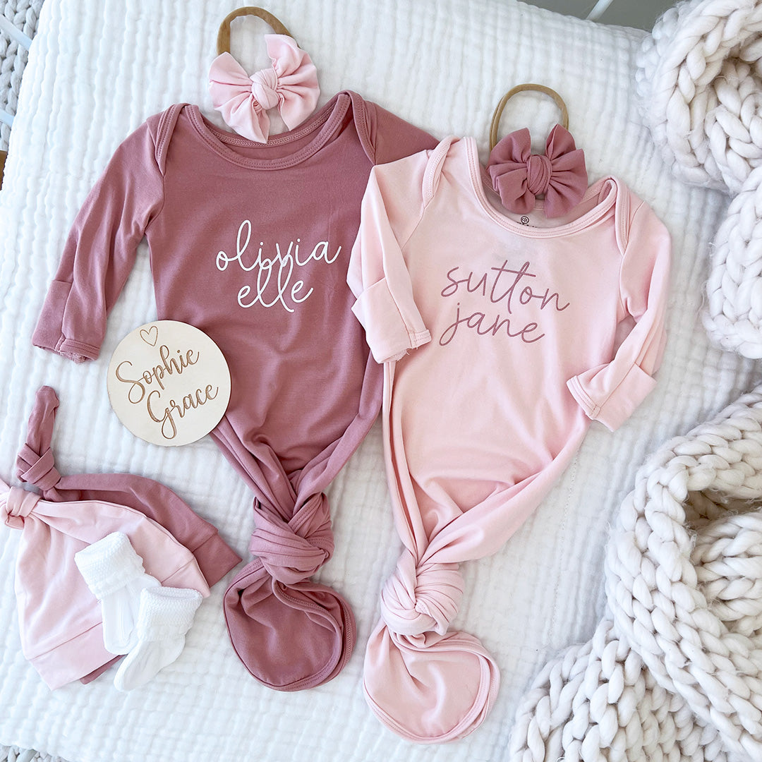 pretty in pink script no button knot gown personalized 