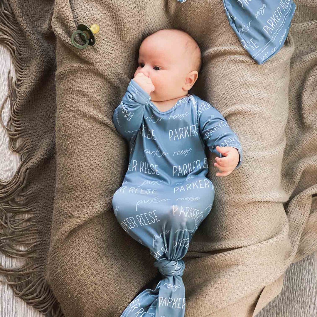 dusty blue personalized knot gown