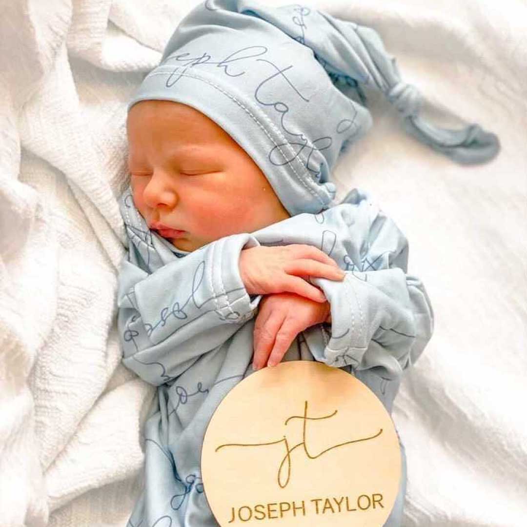 light dusty blue personalized newborn knotted gown