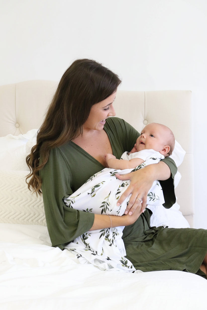 Solid Olive Bamboo Knit Maternity Robe