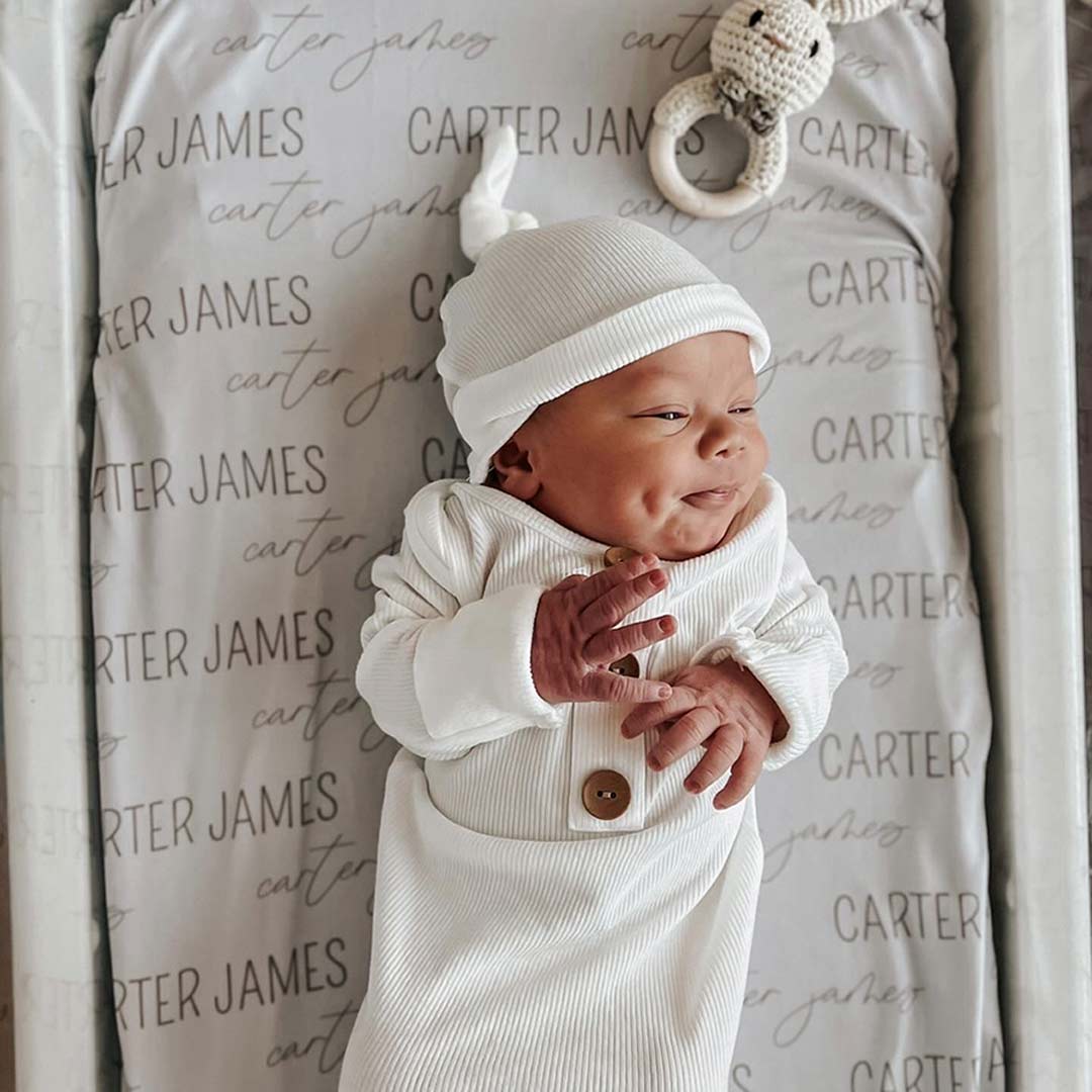 Personalized Taupe Baby Name Swaddle Blanket - Block & Script