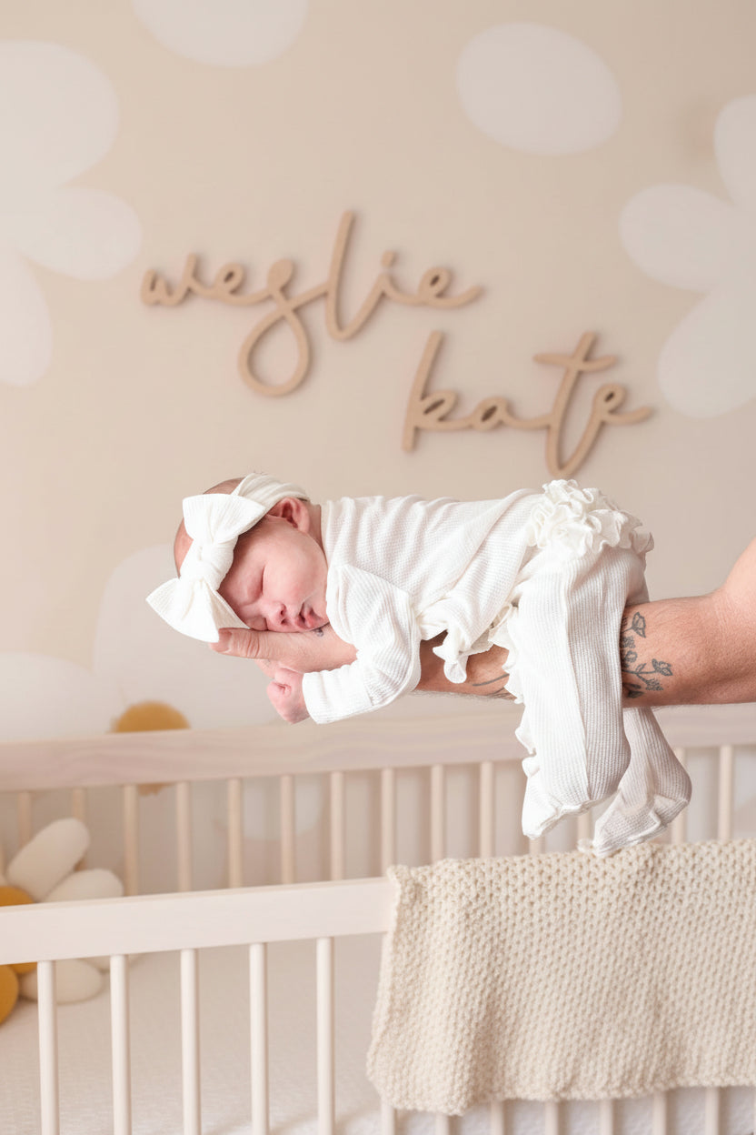 Cloud White Bamboo Waffle Ruffle Zipper Footie